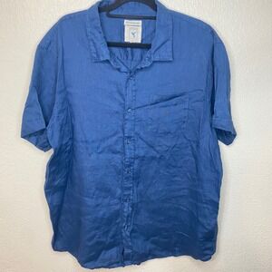 Natural Blue Linen Shirt Mens XXL Short Sleeve Button Up Beach Casual